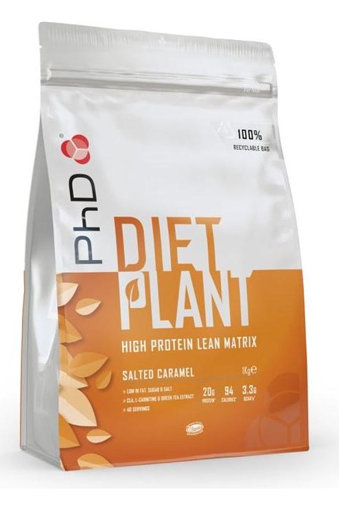 PhD Diet Plant high protein lean matrix in salted caramel flavor, 1kg recyclable bag, vegan-friendly protein drink.
