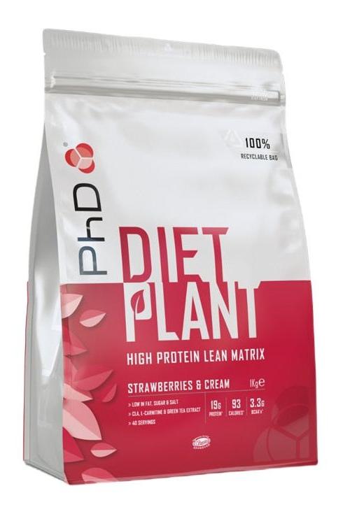 PhD Diet Plant vegan protein powder packaging, strawberries & cream flavor, high protein for weight loss and muscle growth.