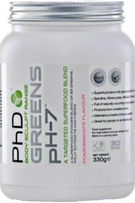 PhD Greens pH-7 superfood blend in a container, ideal for increasing green vegetable intake.