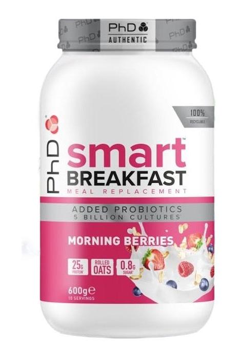 PhD Smart Breakfast shake with probiotics and rolled oats, flavor Morning Berries, in a 600g container.