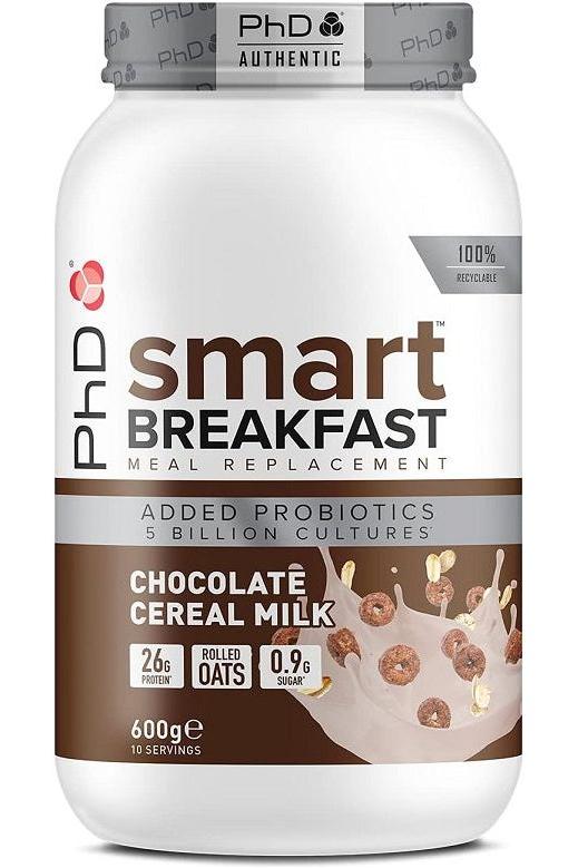 PhD Smart Breakfast Shake in chocolate cereal milk flavor, high protein and low sugar meal replacement, with added probiotics.