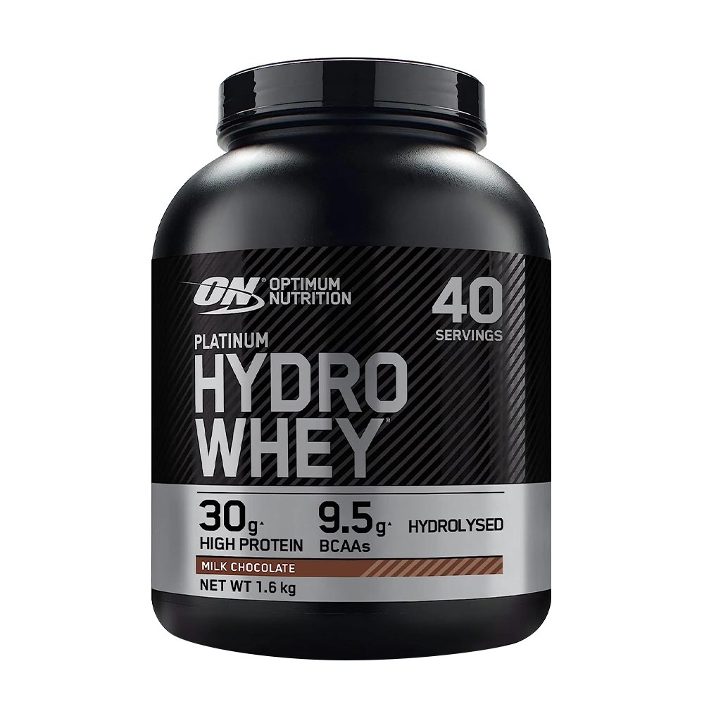 Optimum Nutrition Platinum Hydrowhey protein powder tub, 1.6 kg, milk chocolate flavor, 30g protein per serving.