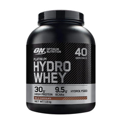 Optimum Nutrition Platinum Hydrowhey protein powder tub, 1.6 kg, milk chocolate flavor, 30g protein per serving.