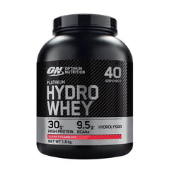 Optimum Nutrition Platinum Hydrowhey protein powder in Super Strawberry flavor, 1.6 kg container.