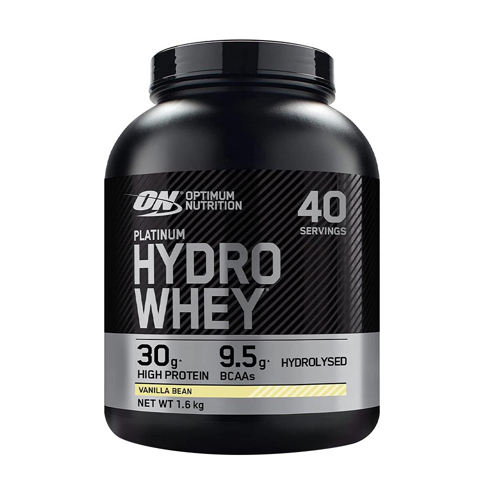 Optimum Nutrition Platinum Hydrowhey protein powder in vanilla bean flavor, 30g protein per serving, 1.6 kg.
