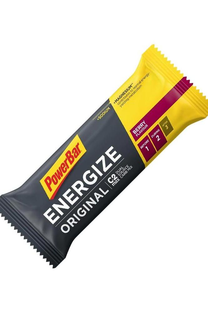 Powerbar Energize Bar packaging featuring C2MAX Dual Source Carb Mix for energy during workouts.