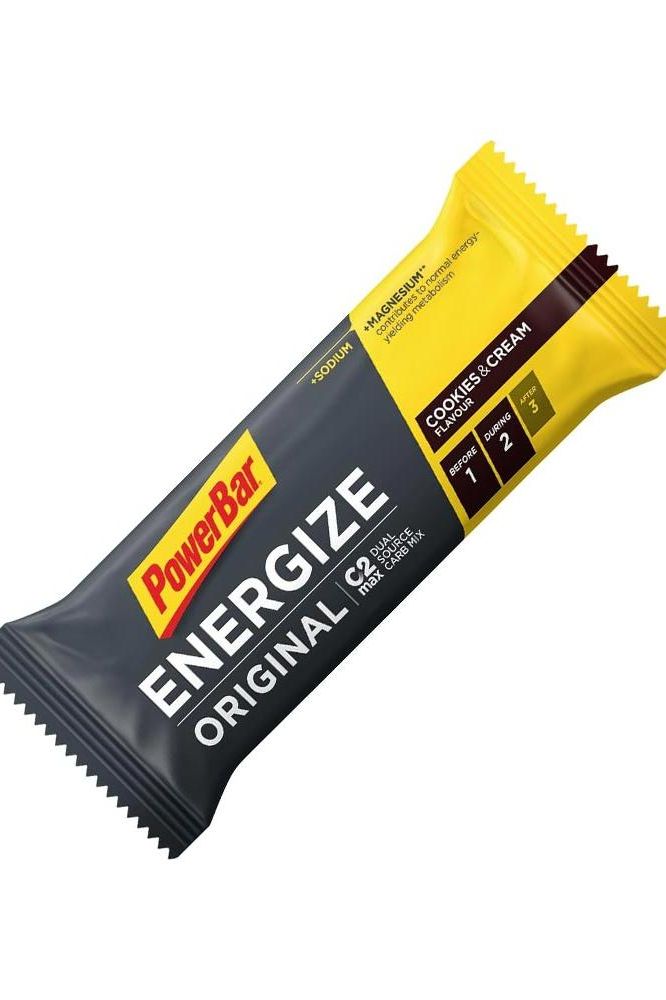 PowerBar Energize Bar Cookies & Cream flavor, featuring C2MAX Carb Mix and added sodium for endurance.