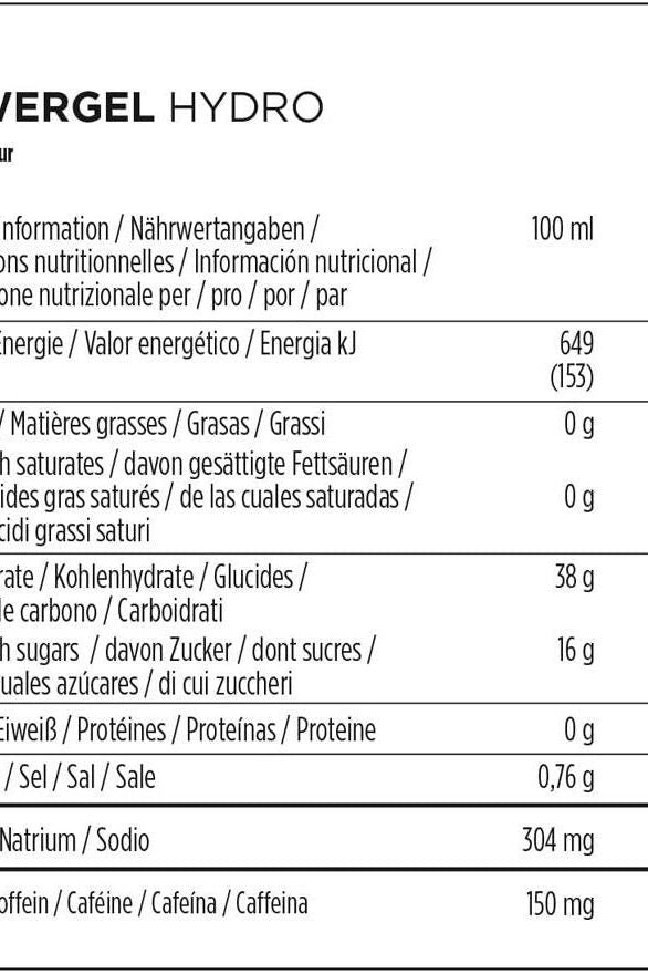Nutritional information for Powerbar Powergel Hydro, Cola flavor, showing calories and ingredients per 100 ml.