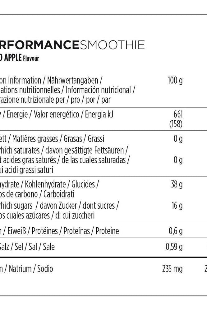 Nutritional information label for Powerbar Performance Smoothie in Apple flavour, detailing ingredients and values.