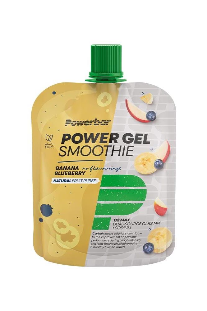 Powerbar Powergel Smoothie with banana and blueberry flavors, made from natural fruit puree and C2MAX carbohydrate mix.