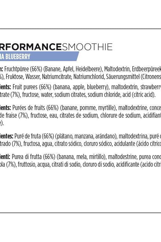 Powerbar Powergel Smoothie Blueberry ingredients list with fruit purees and nutritional details.