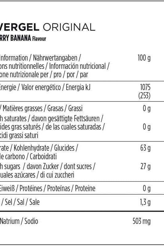 Nutritional information for PowerBar PowerGel Strawberry Banana, showcasing calories, carbohydrates, sodium, and protein content.