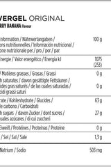 Nutritional information for PowerBar PowerGel Strawberry Banana, showcasing calories, carbohydrates, sodium, and protein content.