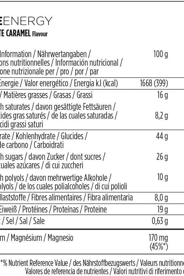 Nutrition facts for Powerbar Ride Energy Chocolate Caramel energy bar, detailing macronutrients and vitamins.