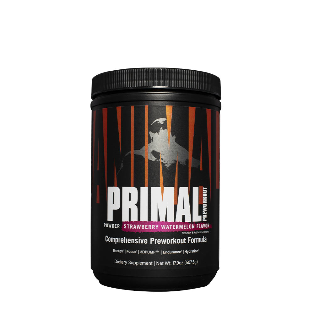 Universal Nutrition Animal Primal Powder in Strawberry Watermelon flavor, a preworkout supplement for energy and focus.