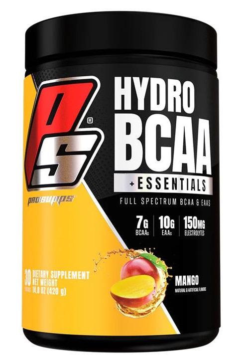 Pro Supps HydroBCAA + Essentials supplement container, Mango flavor, 30 servings, vegan-friendly, full spectrum BCAAs.