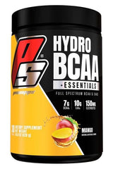 Pro Supps HydroBCAA + Essentials supplement container, Mango flavor, 30 servings, vegan-friendly, full spectrum BCAAs.
