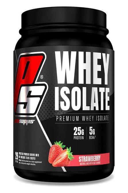 Pro Supps Whey Isolate protein powder container, strawberry flavor, 25g protein, 5g BCAA for muscle growth.