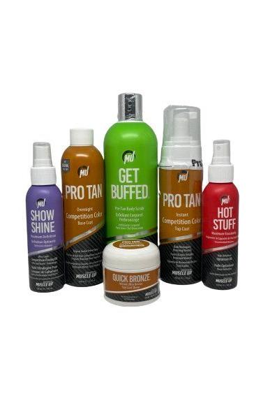 Pro Tan bodybuilding kit featuring tanning products for a flawless sunless tan and skin preparation.