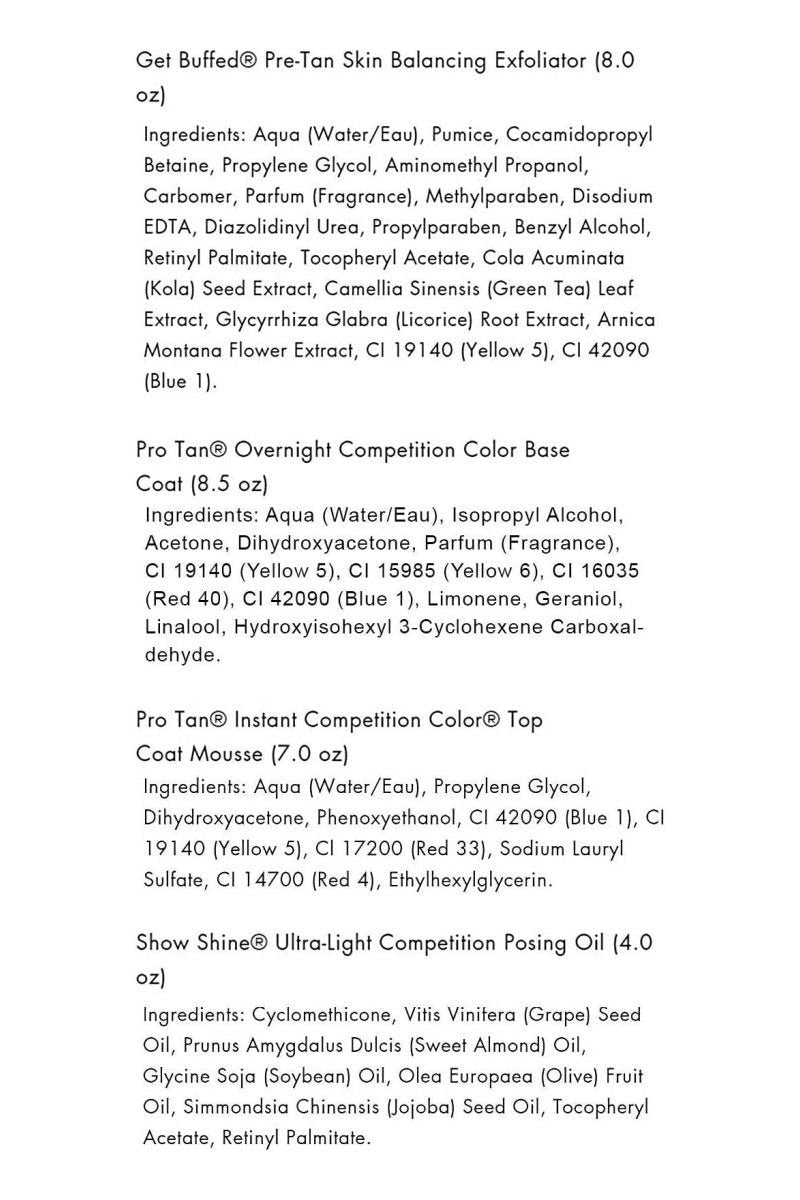 Product ingredient list for Pro Tan skin care and competition color products, featuring exfoliator, color base coat, and posing oil.