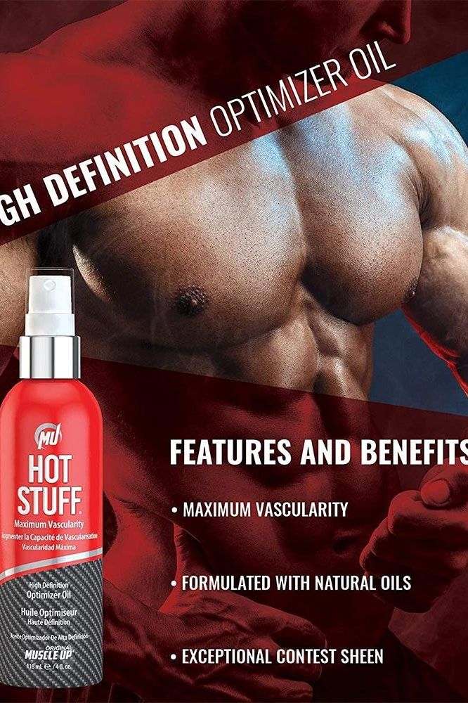 Pro Tan HOT STUFF High Definition Optimizer Oil with muscular background, showcasing benefits like maximum vascularity.