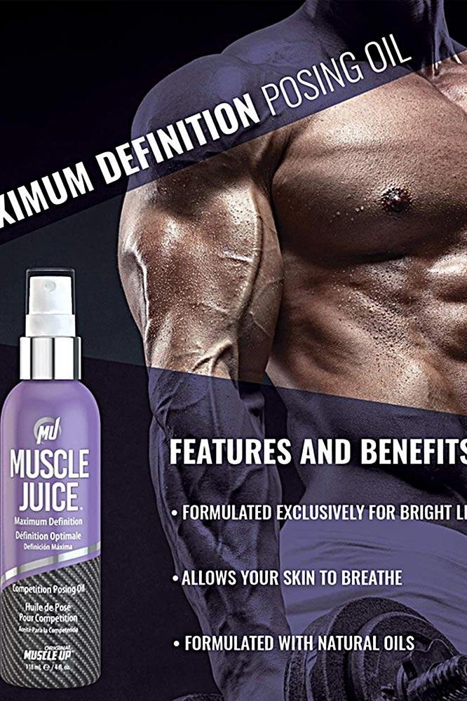 Pro Tan Muscle Juice Maximum Definition Posing Oil bottle with muscle highlighting benefits for competition prep.