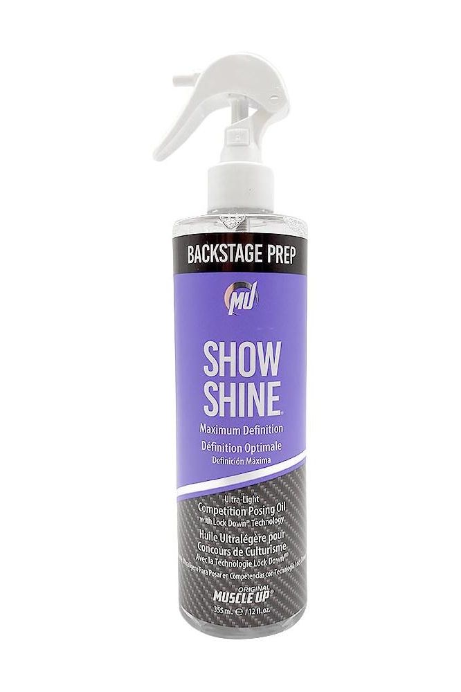 Pro Tan Show Shine Ultra-Light Posing Oil in spray bottle for competition gloss and skin hydration.