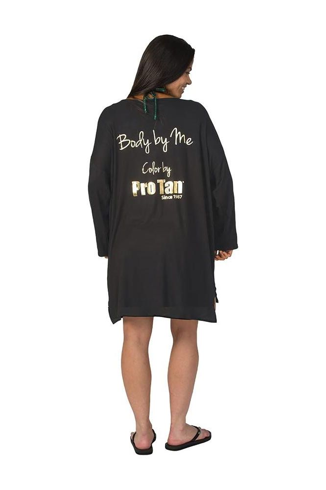 Back view of Pro Tan Tan and Chill shirt, featuring 'Body by Me' design in black, ideal for post-sun wear.