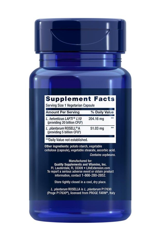 Supplement facts label on blue bottle of vegetarian capsules containing probiotics and other ingredients.