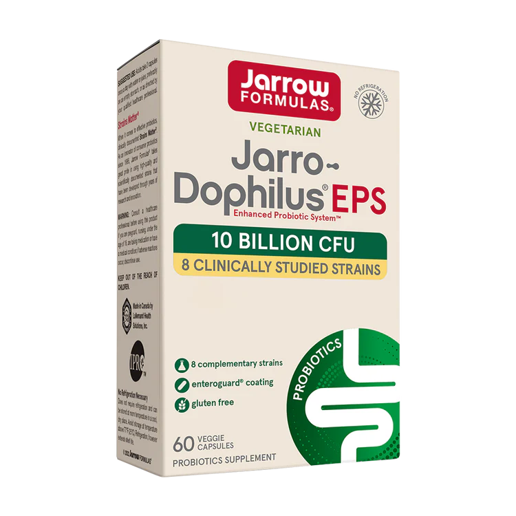 Jarrow Formulas Jarro-Dophilus EPS probiotic supplement box with 10 billion CFU for gut health.
