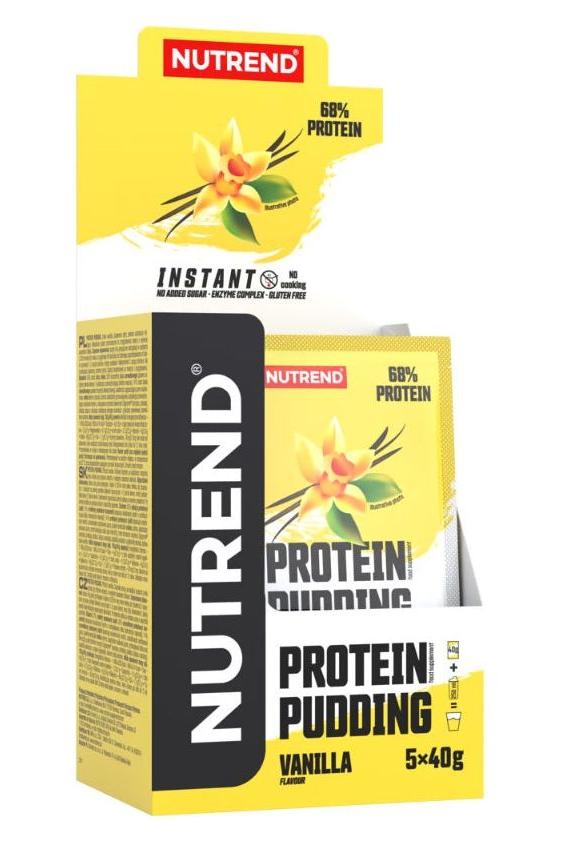 NUTREND Protein Pudding in vanilla flavor, containing 68% protein, packaged in a box of five 40g servings.