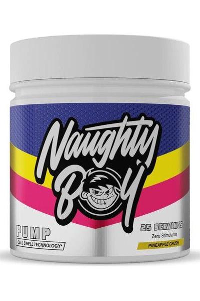 Naughty Boy PUMP supplement jar with Pineapple Crush flavor, 25 servings, enhances training performance and muscle pump.