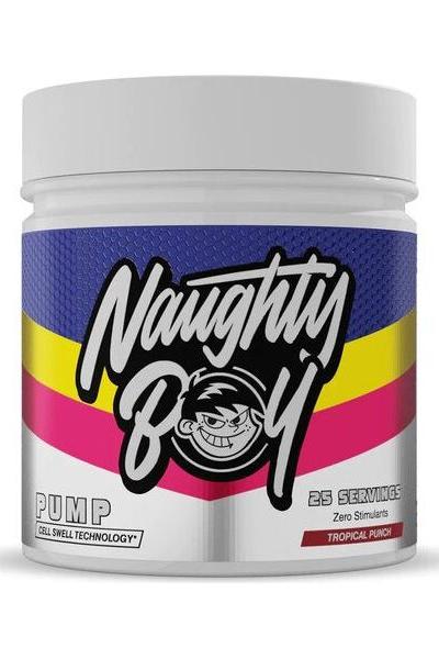 Naughty Boy PUMP Tropical Punch supplement jar, 25 servings with CELL SWELL TECHNOLOGY for enhanced muscle pump.