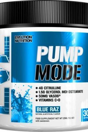 EVLution Nutrition PumpMode Powder in Blue Razz flavor, featuring 4g citrulline and 1.5g glycerol for enhanced muscle performance.