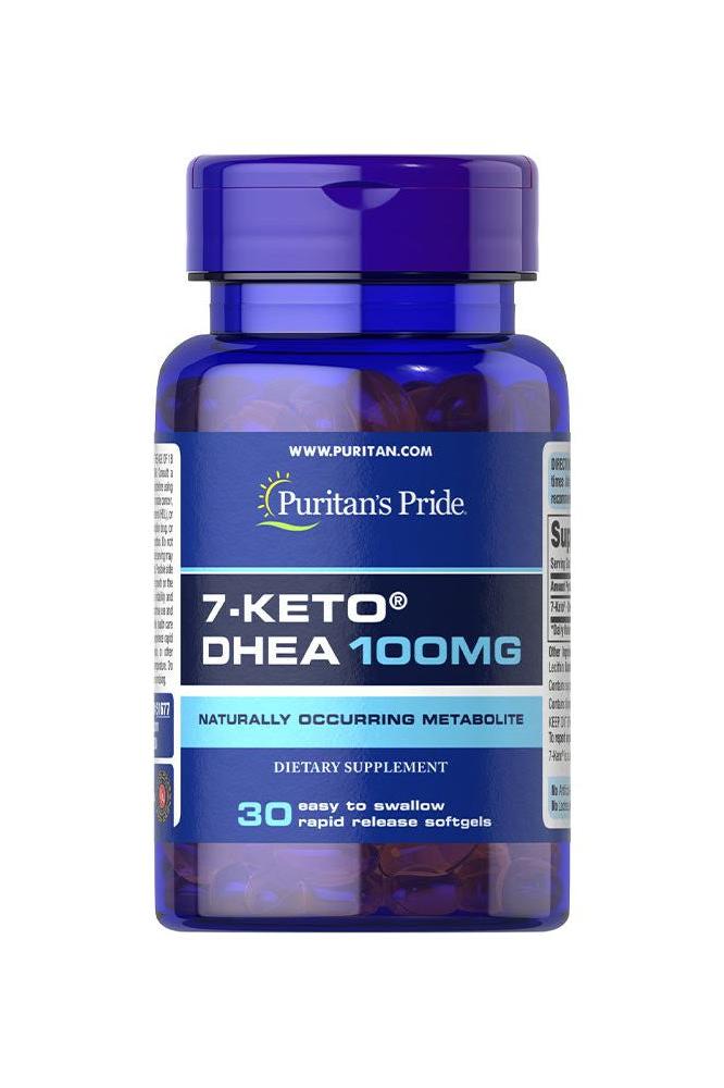 Puritan's Pride 7-Keto DHEA 100 mg dietary supplement softgels in a blue bottle, 30 count