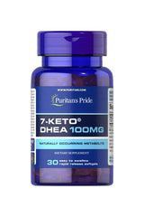 Puritan's Pride 7-Keto DHEA 100 mg dietary supplement softgels in a blue bottle, 30 count