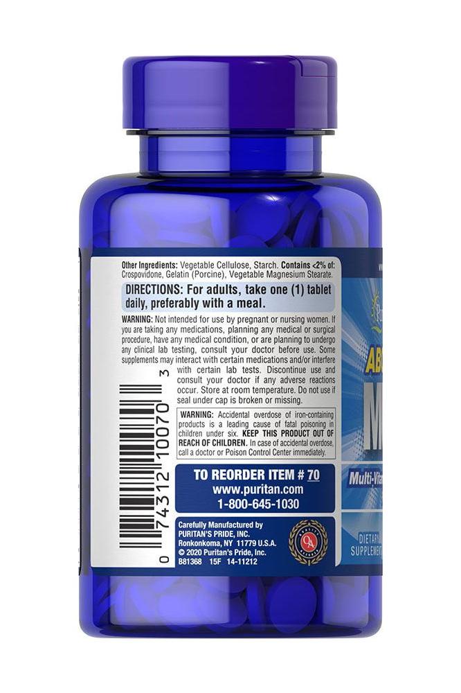 Puritan's Pride ABC Plus Multivitamin bottle displaying directions and ingredients for health benefits.