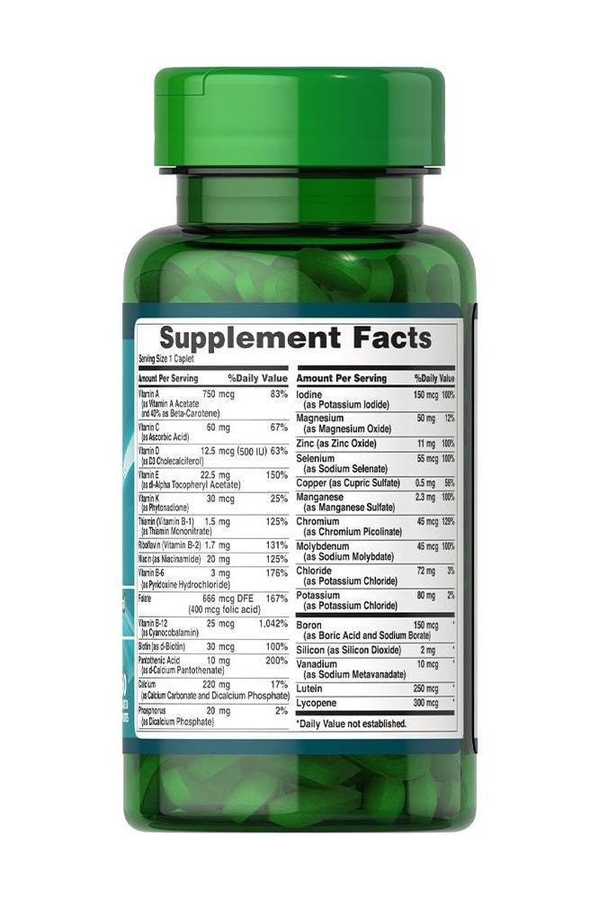 Puritan's Pride ABC Plus Senior Multivitamin bottle displaying supplement facts and green capsules.