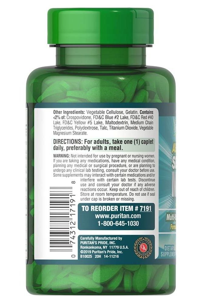 Puritan's Pride ABC Plus Senior Multivitamin bottle showing green caplets and supplement directions.
