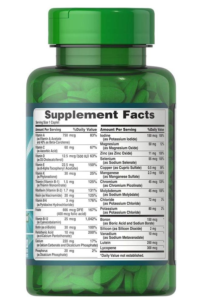 Puritan's Pride ABC Plus Senior Multivitamin bottle with supplement facts label, highlighting active ingredients for seniors.