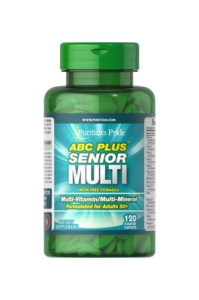 Puritan's Pride ABC Plus Senior Multivitamin with Zinc, iron-free formula for adults over 50, 120 coated capsules.