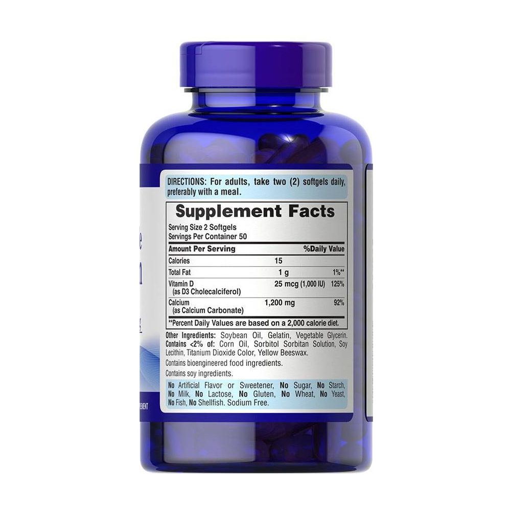 Puritan's Pride Absorbable Calcium 1200 mg with Vitamin D3 1000 IU supplement facts label in blue bottle.