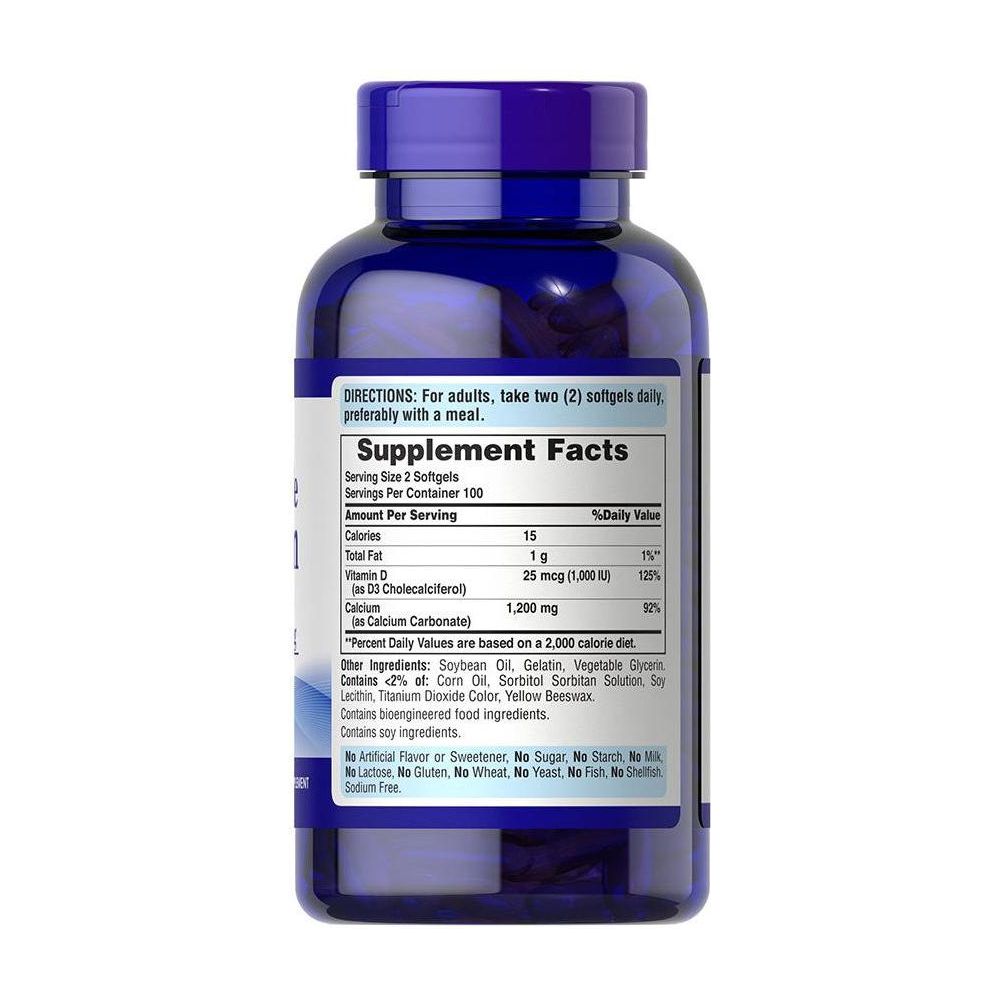 Supplement facts and dosage instructions for Puritan's Pride Absorbable Calcium 1200 mg with Vitamin D3.