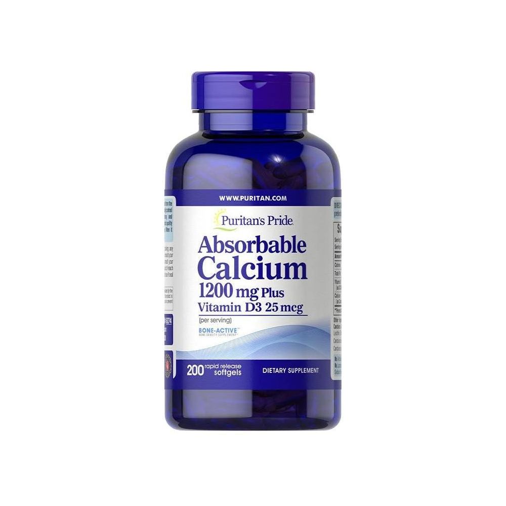 Puritan's Pride Absorbable Calcium 1200 mg with Vitamin D3 25 mcg dietary supplement softgels in blue bottle.