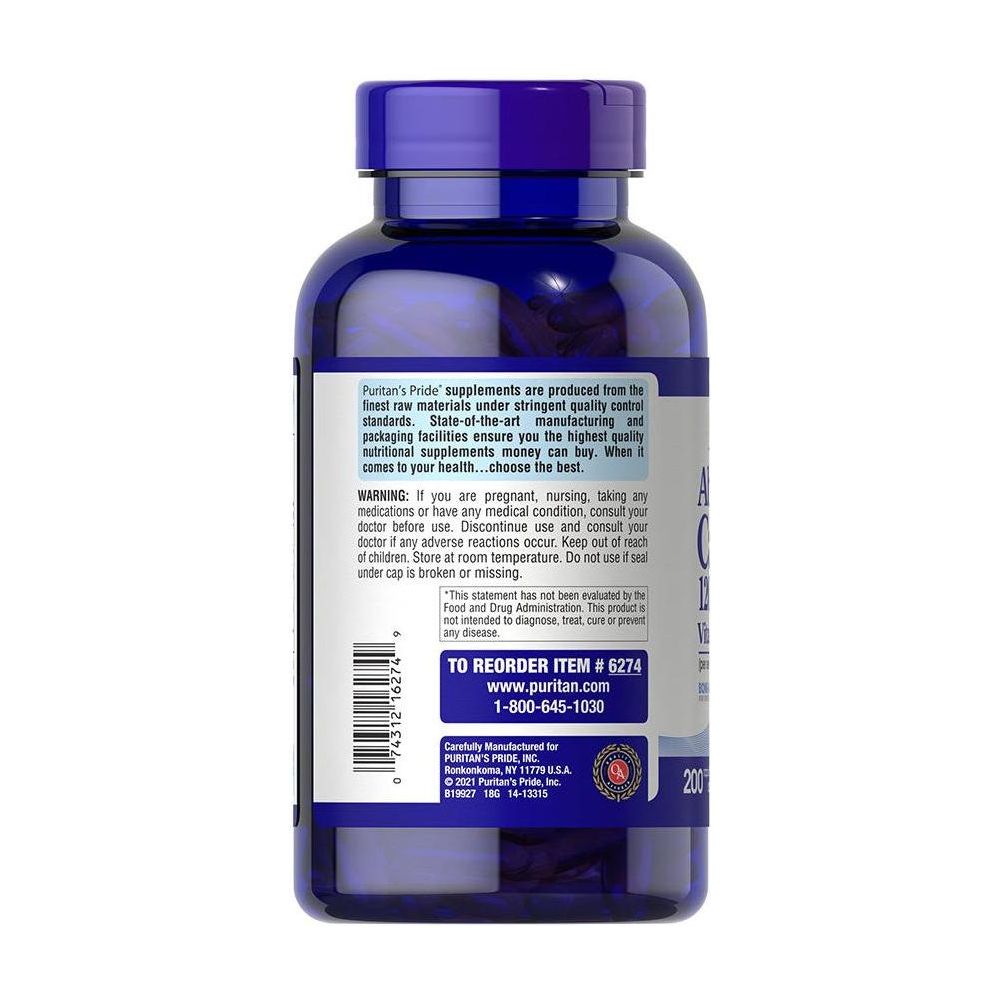 Puritan's Pride Absorbable Calcium 1200 mg supplement bottle with Vitamin D3, 200 softgels, for bone health support.