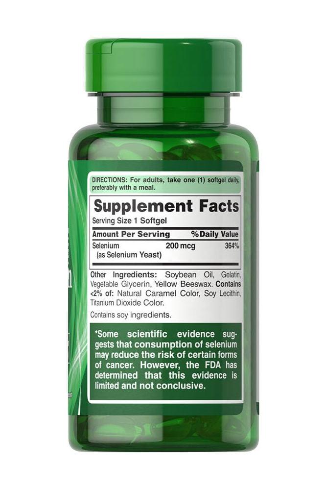Puritan's Pride Absorbable Selenium 200 mcg softgel bottle with supplement facts and serving size information.