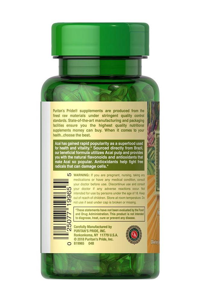 Puritan's Pride Acai 1000 mg softgels bottle with antioxidant benefits and health support details on label.