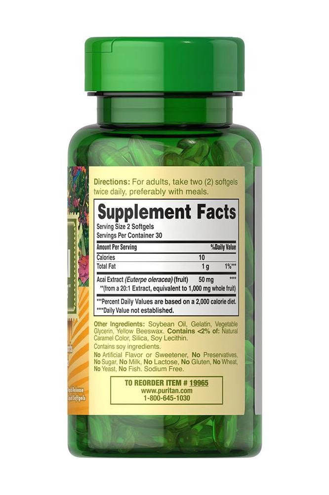 Puritan's Pride Acai 1000 mg supplement bottle with supplement facts on the label.