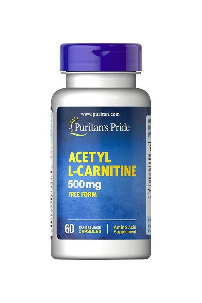 Puritan's Pride Acetyl L-Carnitine 500mg supplement bottle with 60 capsules for energy and cognitive support.