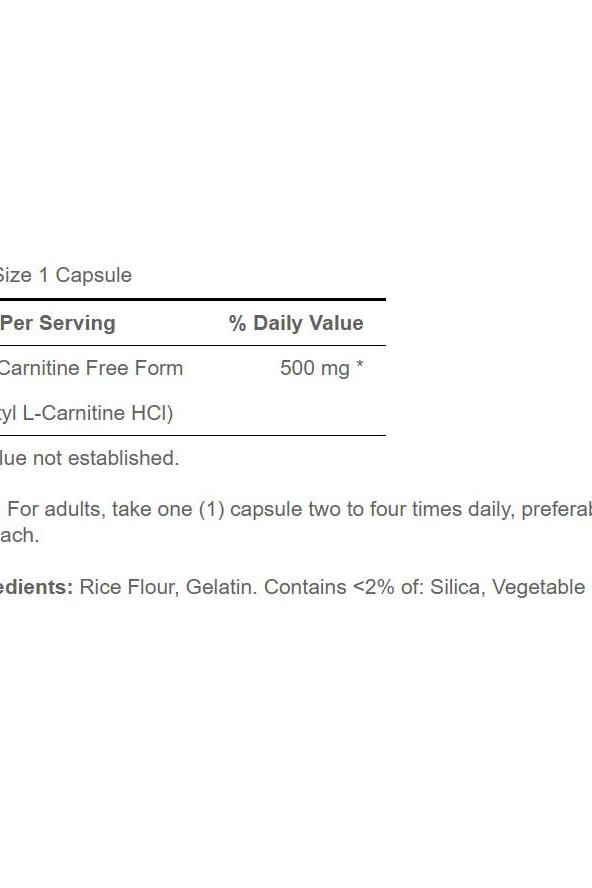 Supplement facts for Puritan's Pride Acetyl L-Carnitine 500 mg, including serving size and ingredients.